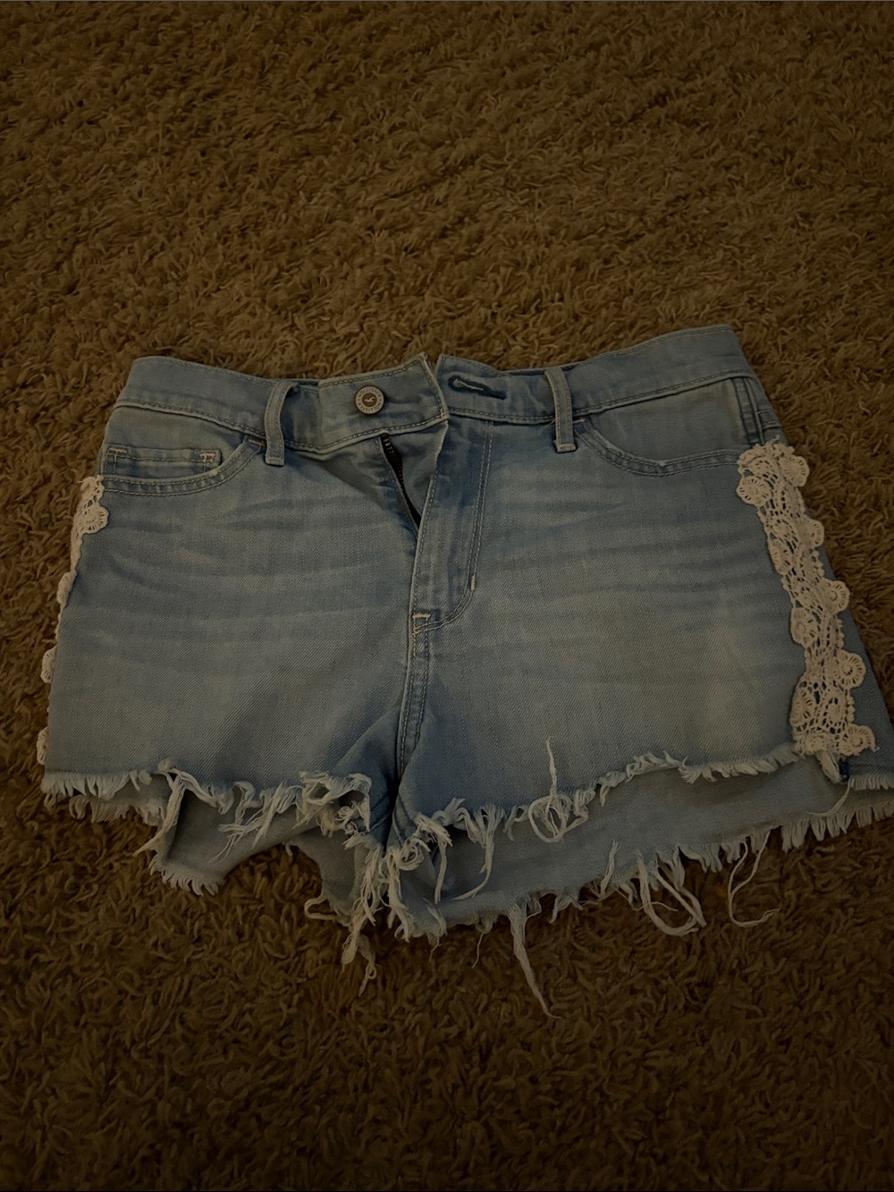 Hollister Light Wash Denim Shorts with White Lace Trim